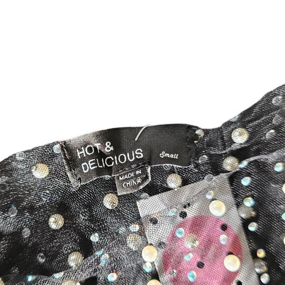 Honey Hot & Delicious Long Sleeve Pearl Rhinestone Sheer Crop Top, Black, Size S - Picture 6 of 8